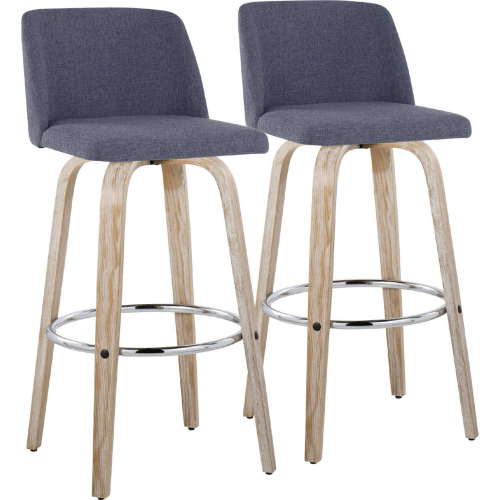 Toriano 30" Swivel Bar Stool in White Washed Wood & Blue Fabric with Chrome Footrest (Set of 2)